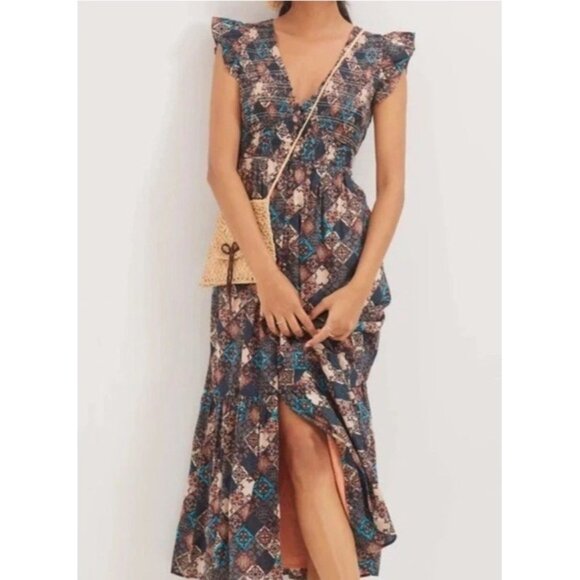 Anthropologie Peregrine Dress Smocked Boho Print Midi Dress Flutter Sleeve Sz L - Picture 1 of 10
